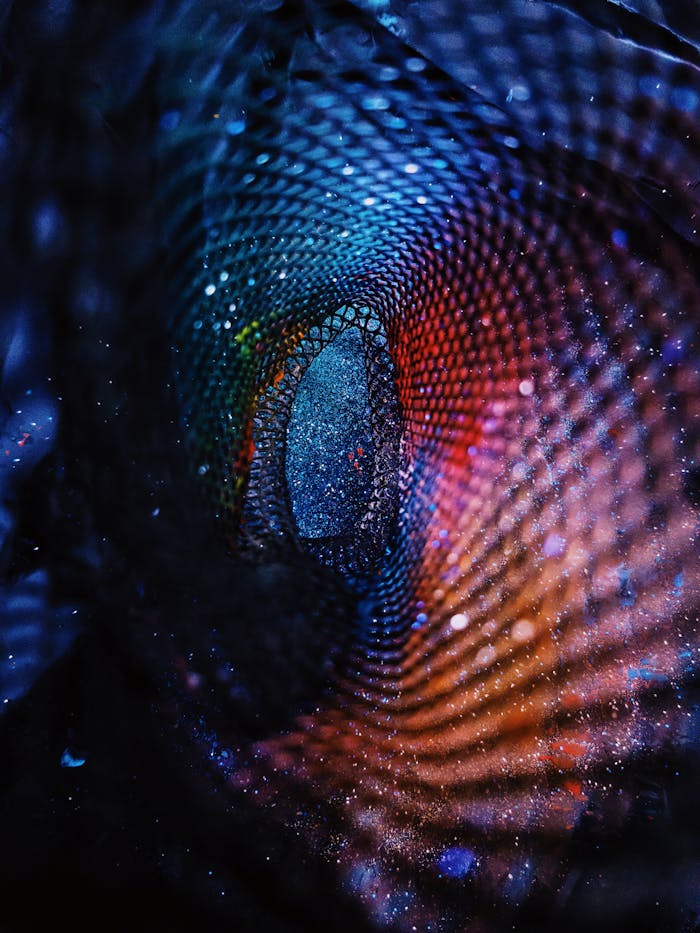 Blurred vibrant holographic swirling ornament with colorful cells and reflections forming night starry pattern